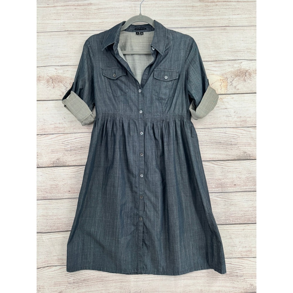 Theory Patrizia Greece Dress Womens 8 Blue Denim Button Front Roll Tab Sleeve
